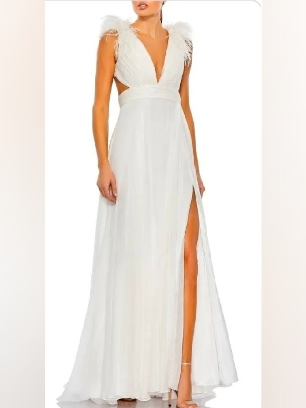 Mac Duggal NWT White Feather-Shoulder V-Neck Evening Gown Dress Size 2 #68113